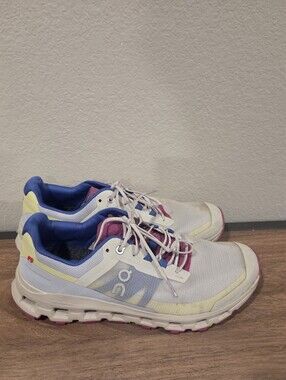 On Running Women's White Sneakers with Blue and Pink Accents Size 9